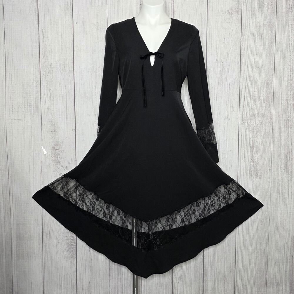 Disturbia Black Lace Midi Dress US 8 Bell Sleeve Velvet Bow Gothic Witchy